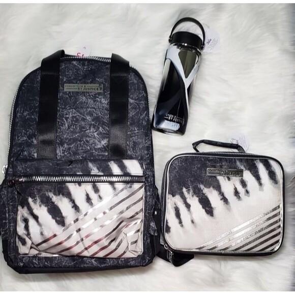 Justice Collect X Tie Dye Black White Silver Backpack Set lunch box bottle NWOT - Picture 2 of 12